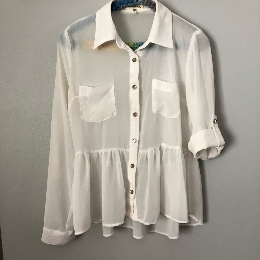 Sheer white, peplum button up with gold buttons